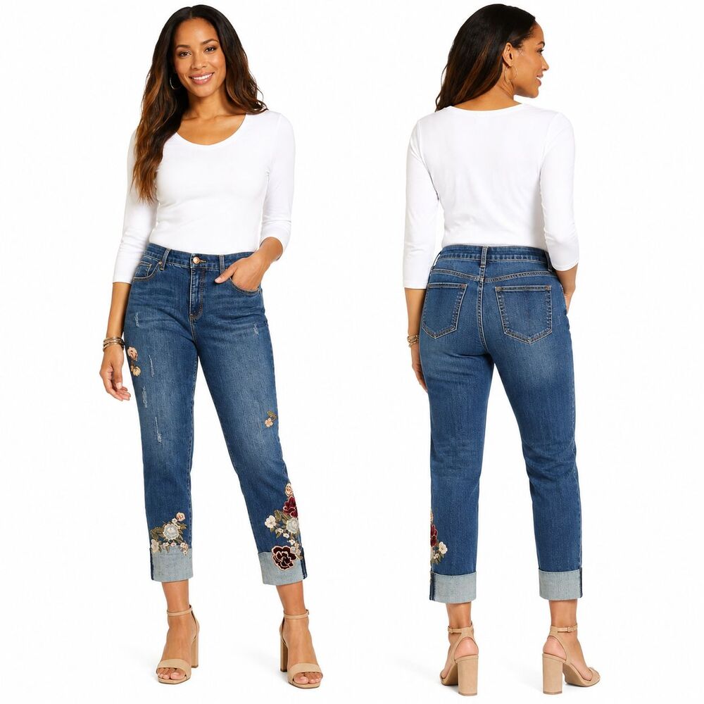 Chico's So Slimming Girlfriend Ankle Embroidered Floral Cuffed Jeans Women's 1.5